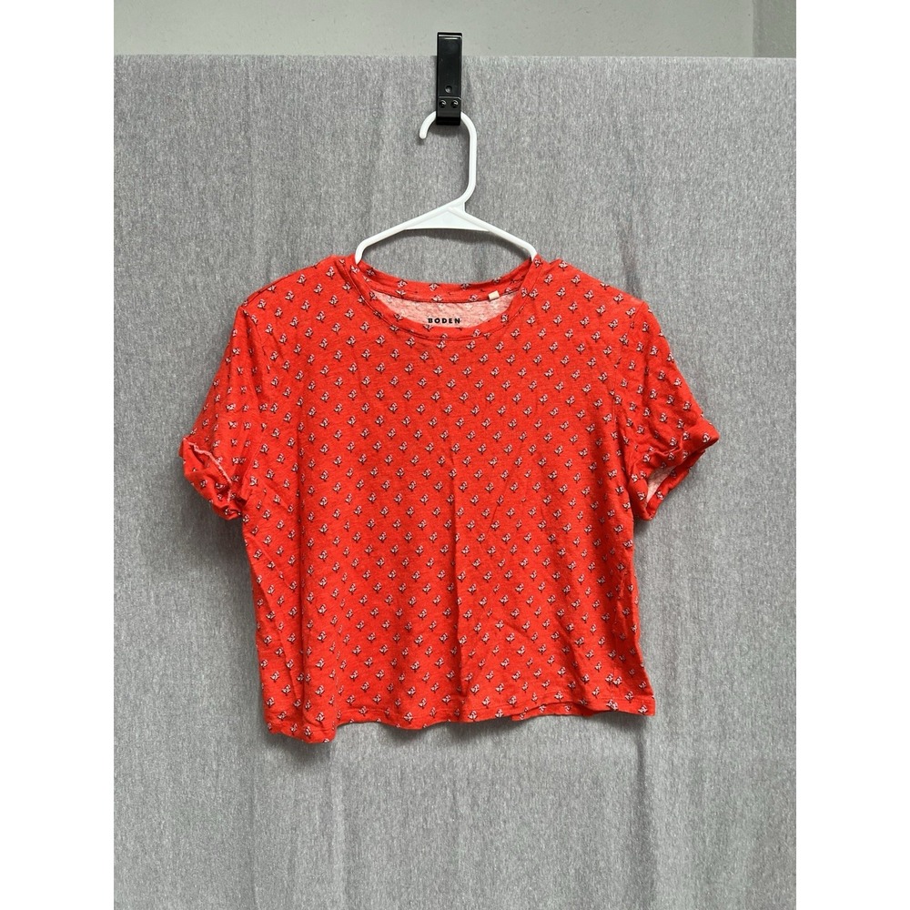 Boden Women's Sz 6 Blue 100% Linen Red Mini Floral Short Sleeve Tee